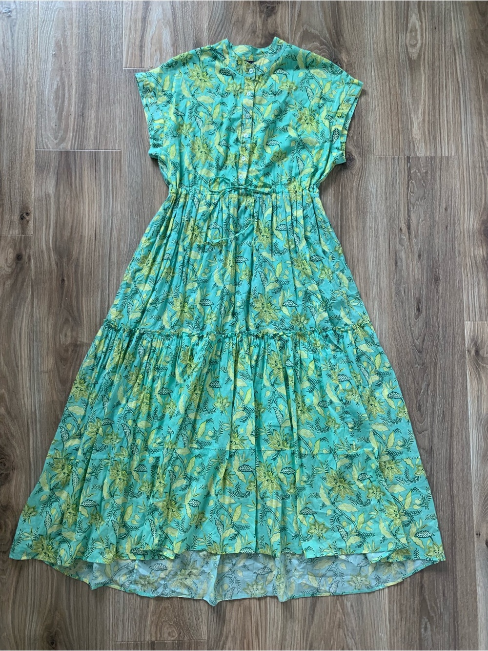 Ro’s Garden Mumi Cotton Midi Dress Women’s M Aqua Green Floral Tiered Boho - Picture 2 of 8